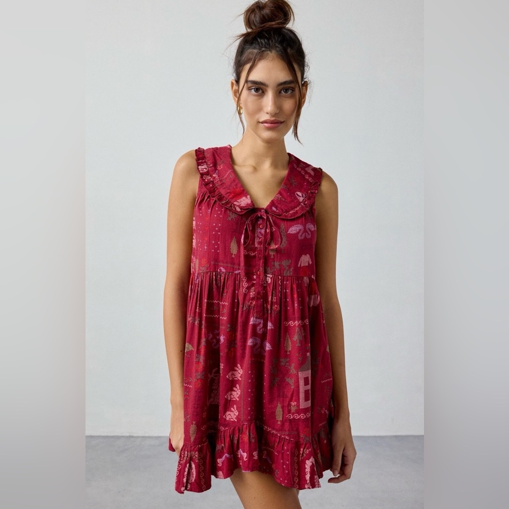 Urban Outfitters Burgundy Printed Ruffled Tie-Front Chemise
